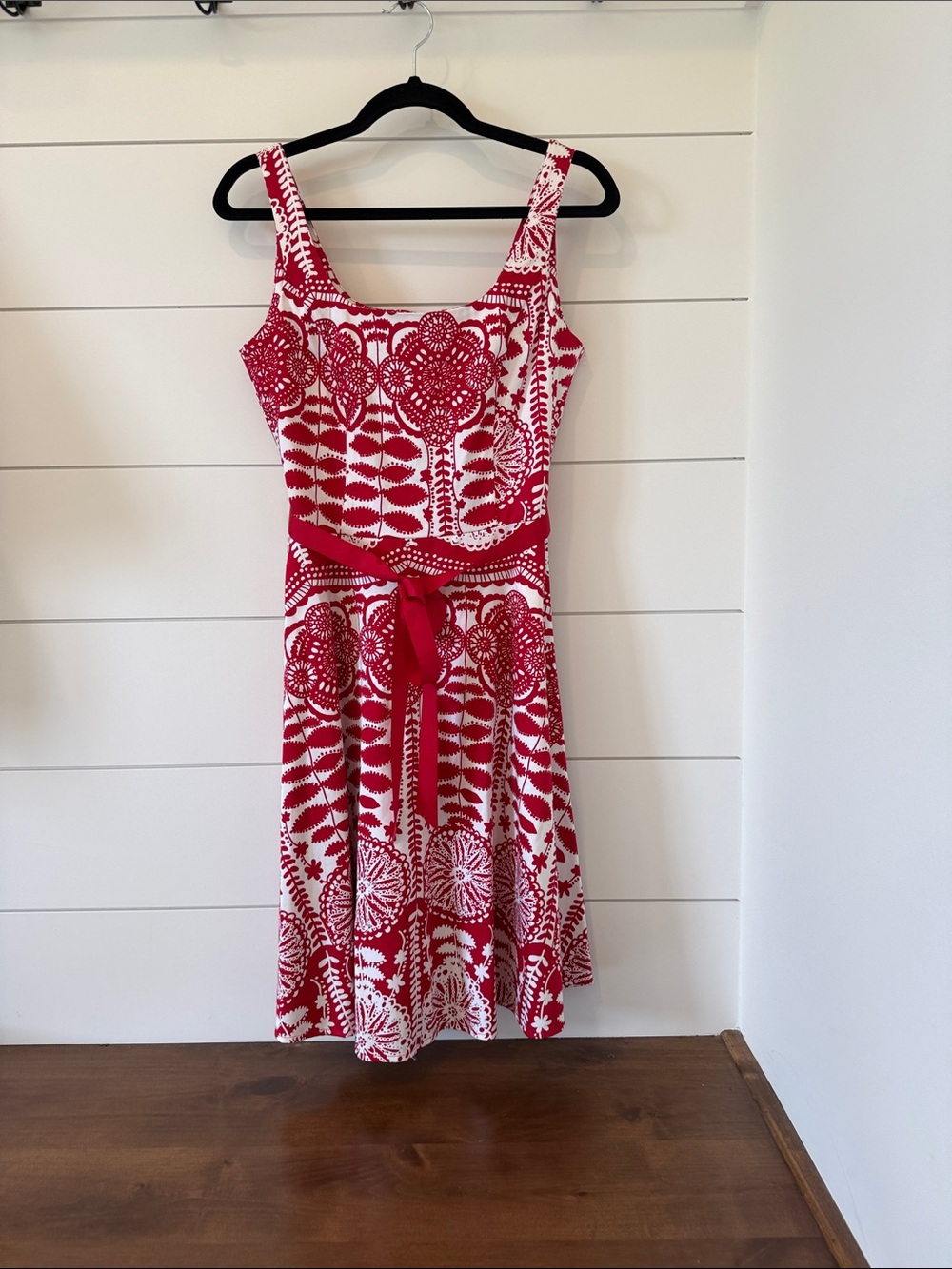 Red and White Floral Fit & Flare Dress with Tie Waist